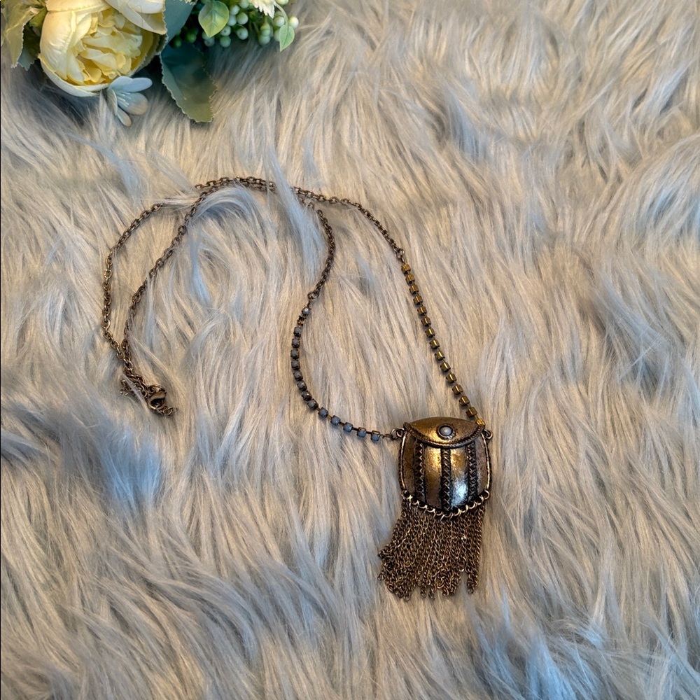 Vintage Steampunk Metal Pill Stash Coin Purse Fringe Necklace